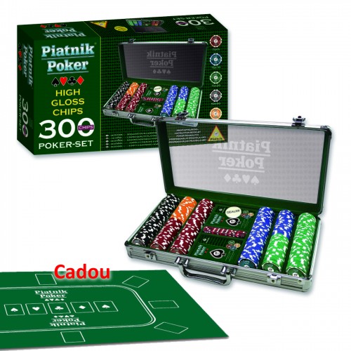 Set poker profesional Piatnik (Austria), 300 jetoane de cazinou (14 grame), 2 pachete carti de joc, 5 zaruri, buton dealer, cadou covoras Texas Hold'em Set poker profesional Piatnik (Austria), 300 jetoane de cazinou (14 grame), 2 pachete carti de joc, 5 zaruri, buton dealer, cadou covoras Texas Hold'em
